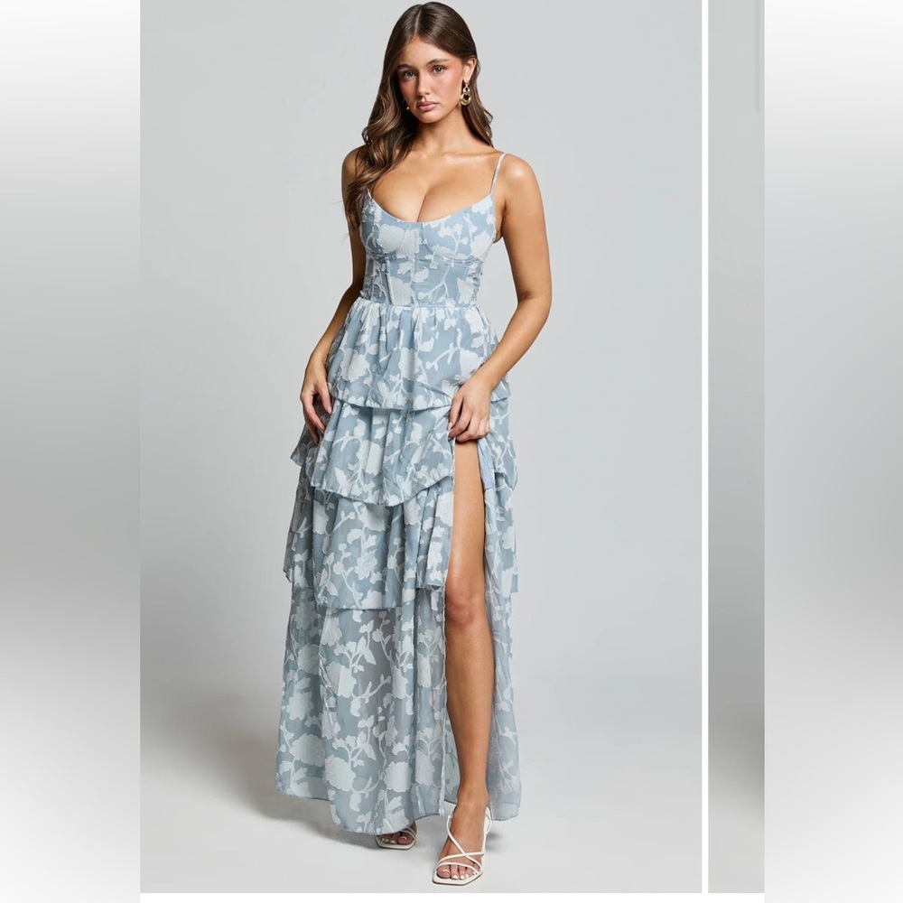 Elegant Blue Floral Tiered Maxi Dress